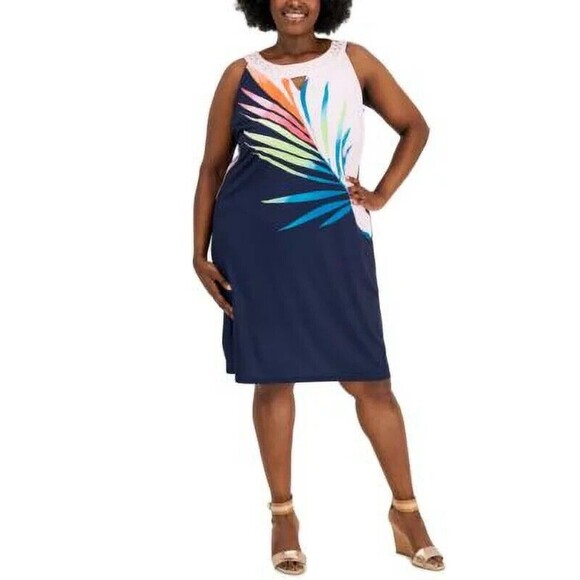 JM Collection Palm-Print Multicolor Beaded Sleeveless Dress Size 0X NWT!! - Picture 1 of 1